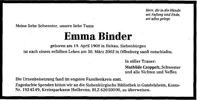 Binder Emma 1908-2002 Todesanzeige